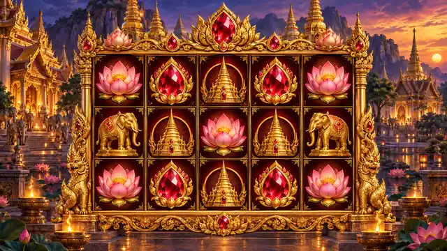 Fondo de templo dorado con gemas y lotos sobre los carretes